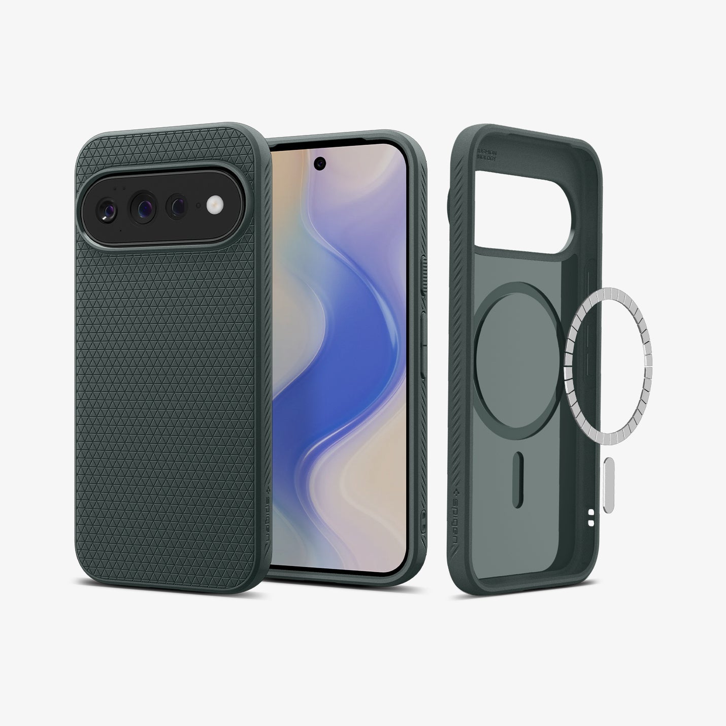 ACS11863 - Pixel 11 Pro XL Liquid Air (Mag Fit) Abyss Green front and back angled views showing the geometric textured pattern, built in magnetic ring, and Air Cushion Technology.