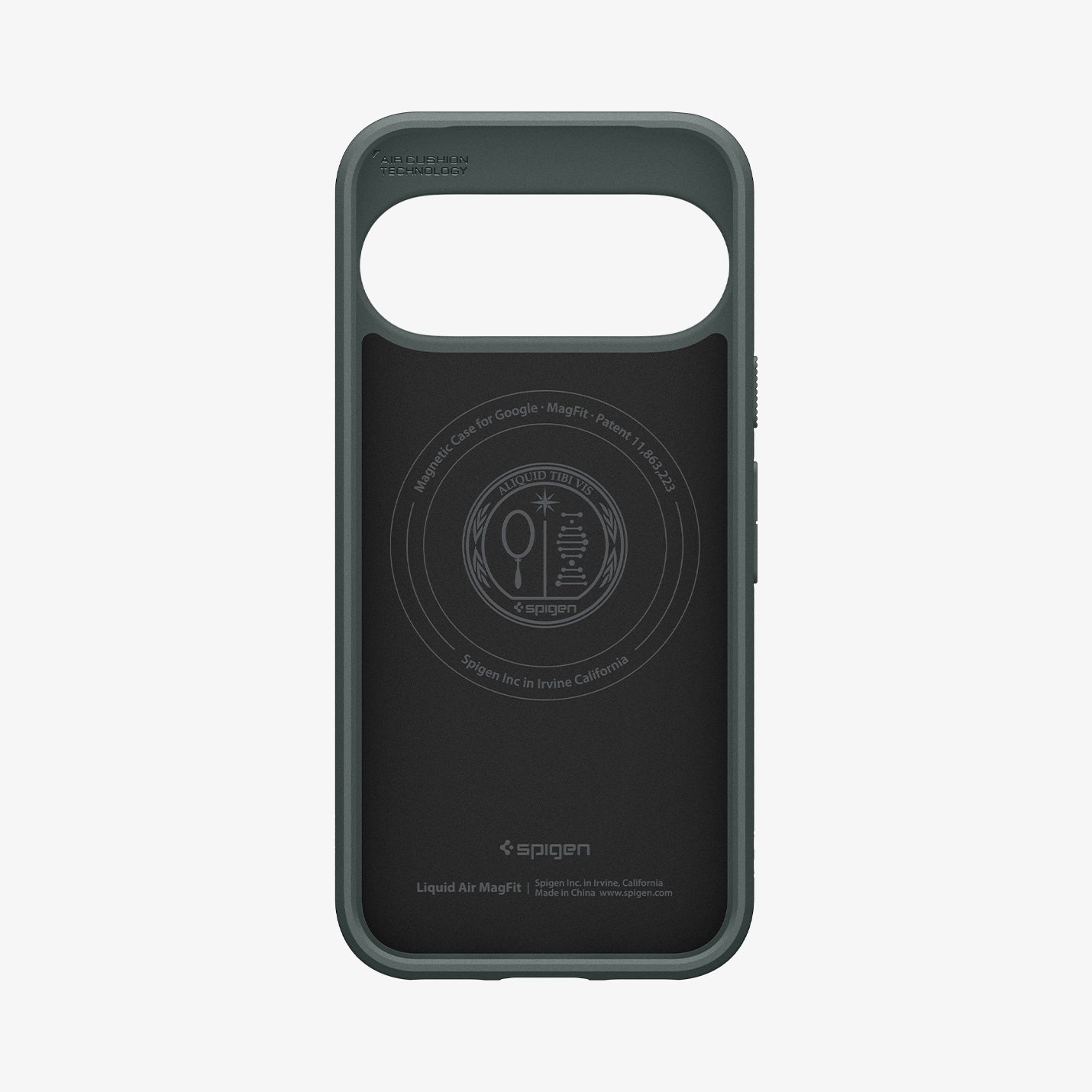 ACS11863 - Pixel 11 Pro XL Liquid Air (Mag Fit) Abyss Green interior view showing the built in magnetic ring, Air Cushion Technology, and Liquid Air MagFit branding.