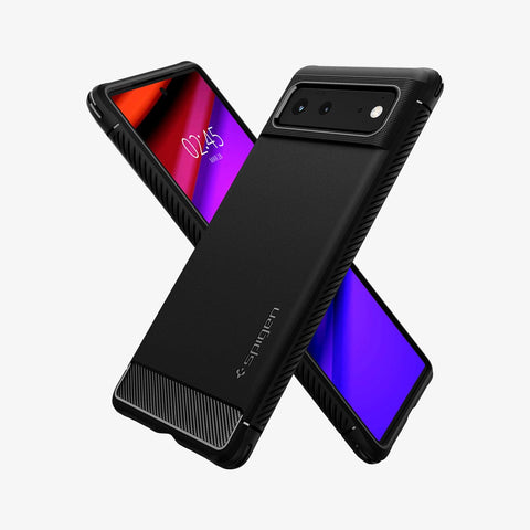 ACS03437 - Pixel 6 Case Rugged Armor in matte black showing the back, front and sides