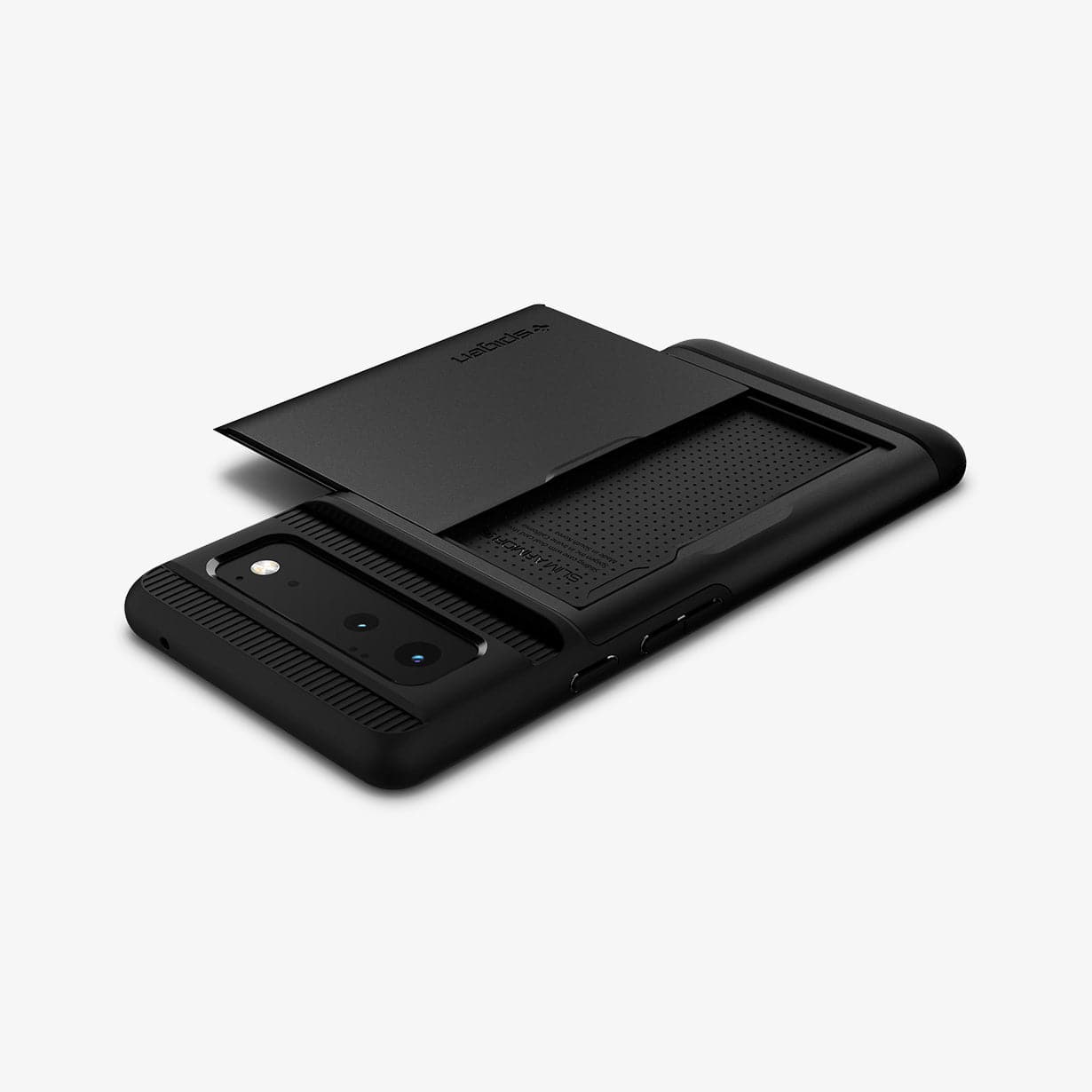 ACS03440 - Pixel 6 Case Slim Armor CS in black showing the top, side and back with card slot open and empty