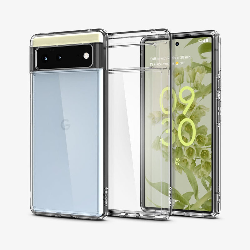 ACS03438 - Pixel 6 Case Ultra Hybrid in crystal clear showing the back, inside and front