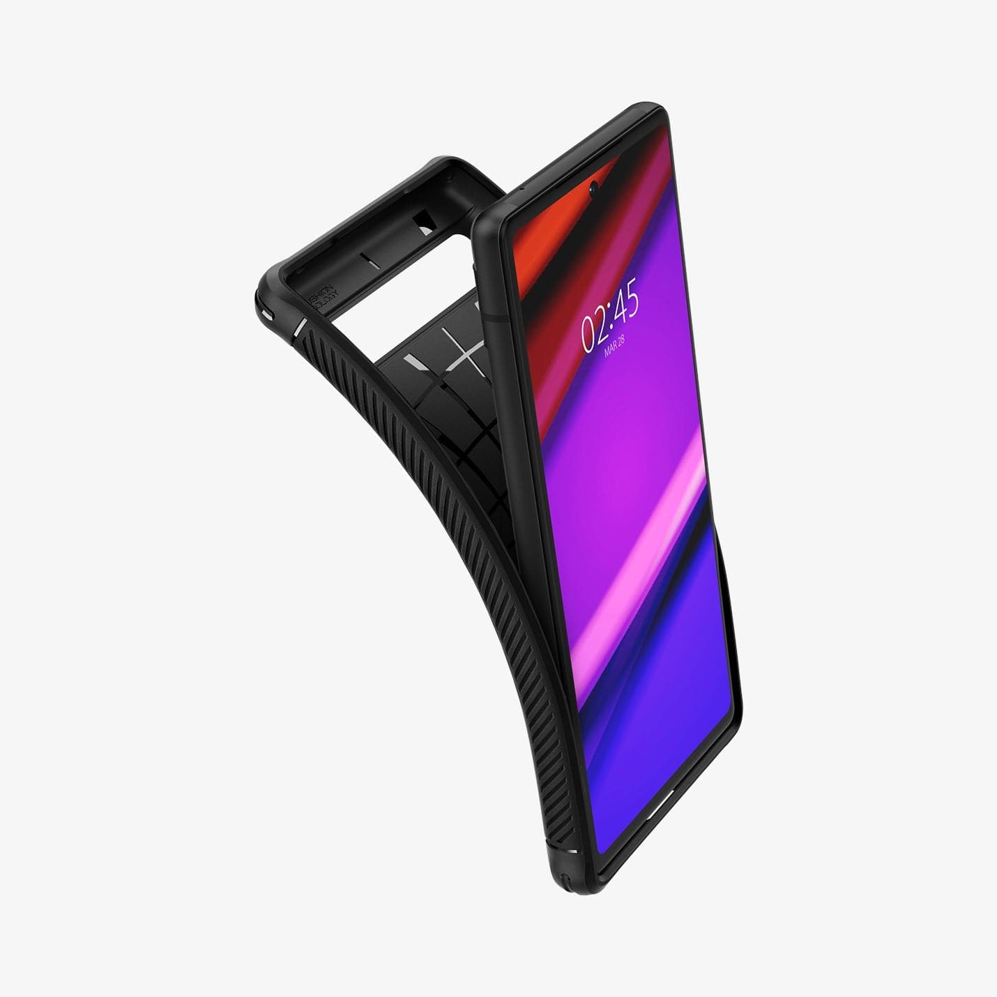 ACS04476 - Pixel 6a Case Rugged Armor in black showing the case bending away from device to show the flexibility
