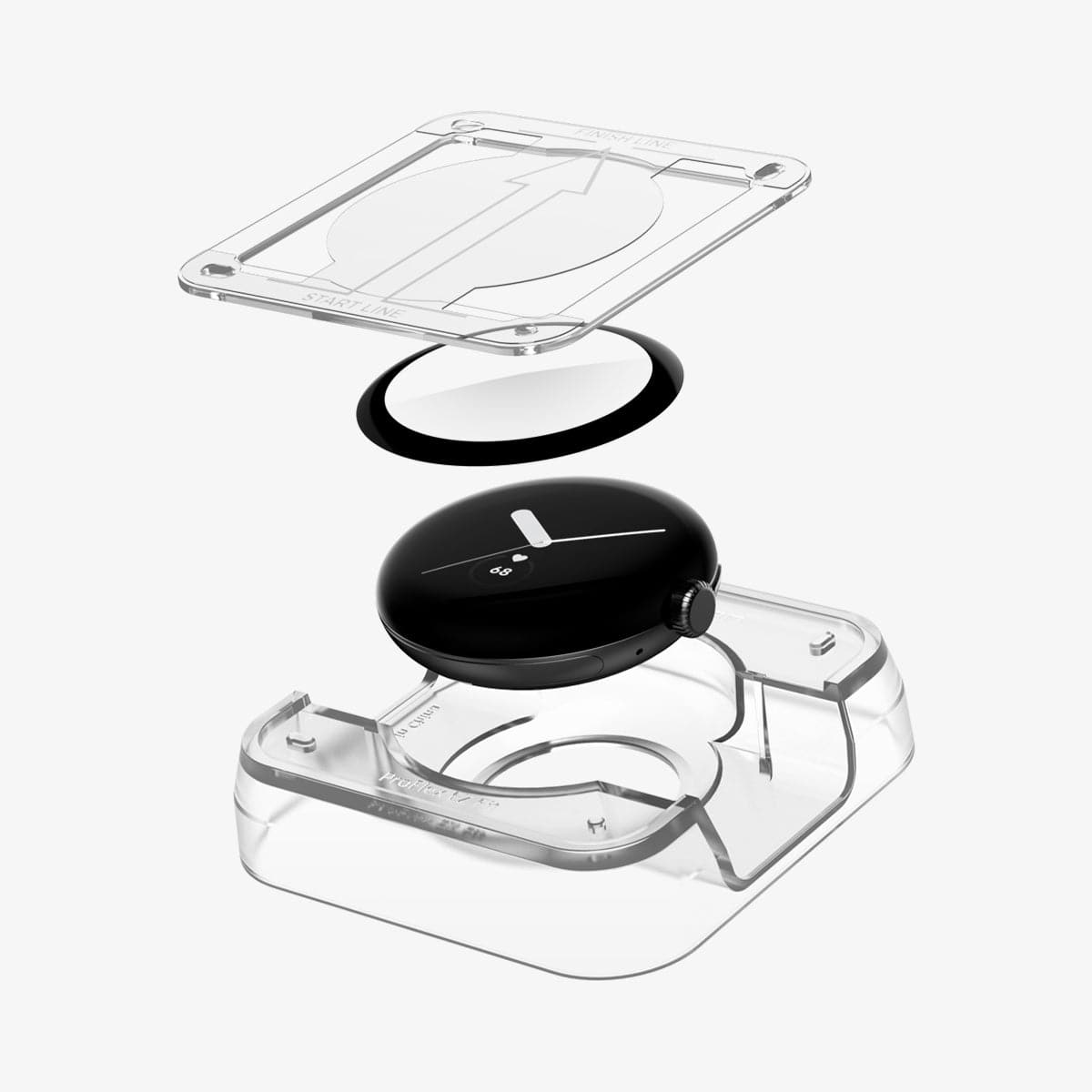 AFL05926 - Pixel Watch Screen Protector ProFlex EZ Fit showing the screen protector, watch face and ez fit tray