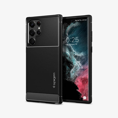 ACS03914 - Galaxy S22 Ultra 5G Case Rugged Armor in black showing the back and front