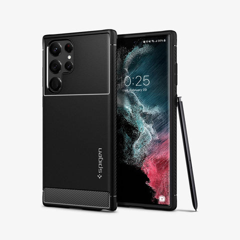 ACS03914 - Galaxy S22 Ultra 5G Case Rugged Armor in black showing the back and front with s pen leaning against device