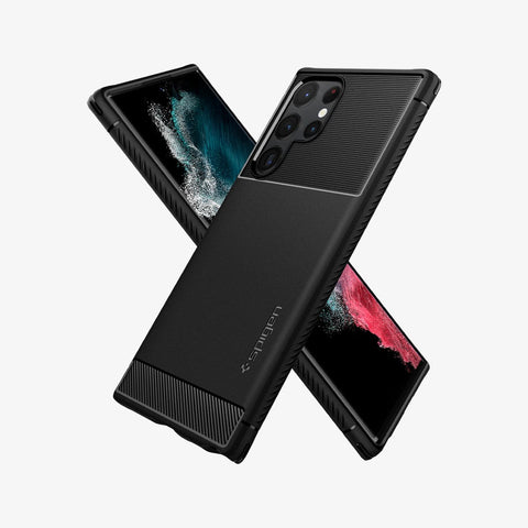 ACS03914 - Galaxy S22 Ultra 5G Case Rugged Armor in black showing the back, front and sides