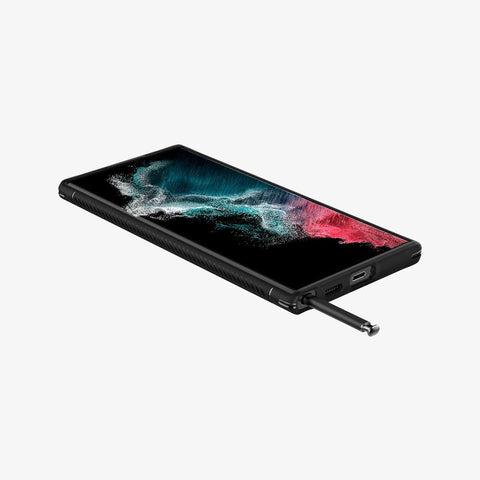 ACS03914 - Galaxy S22 Ultra 5G Case Rugged Armor in black showing the front, side and bottom with s pen sticking out of slot