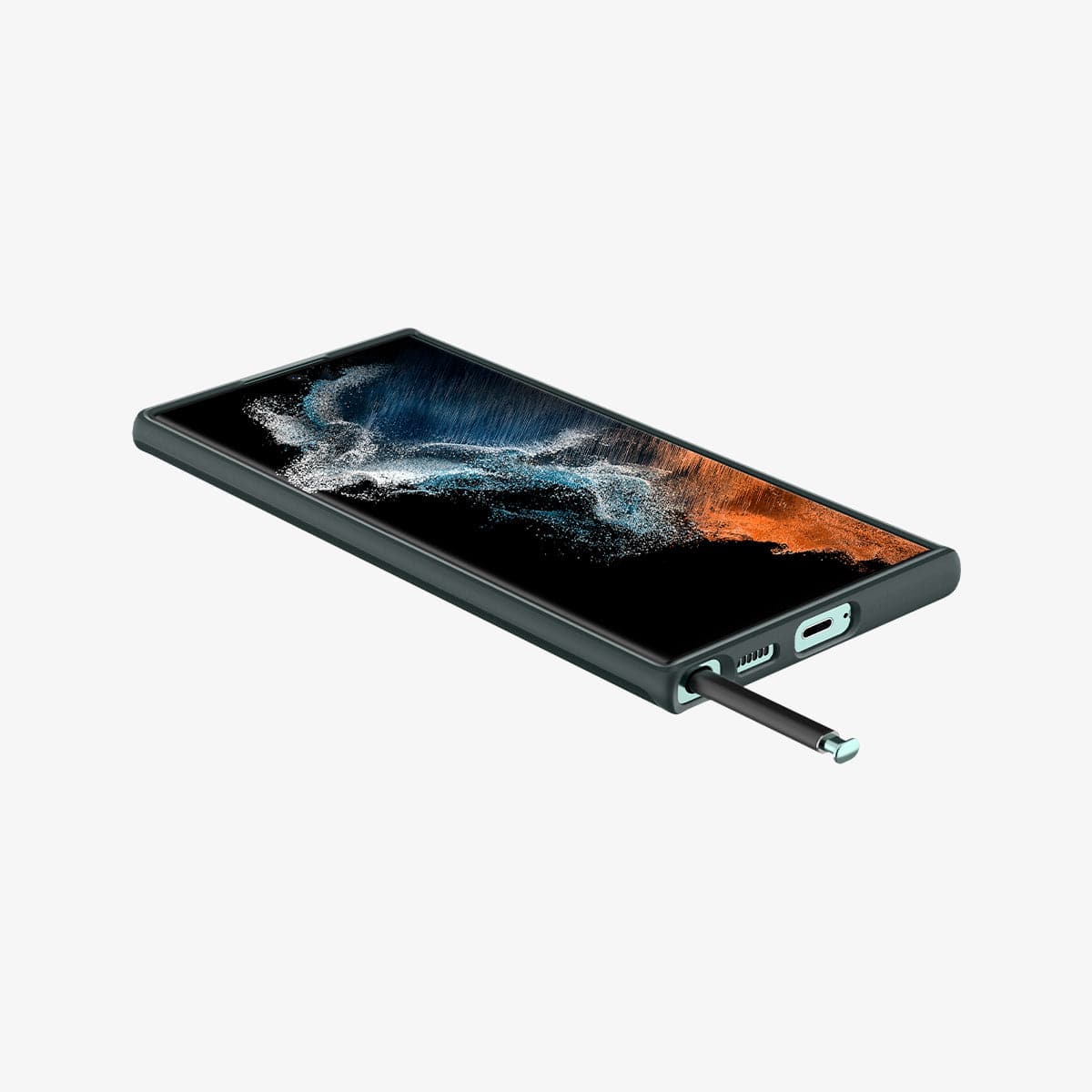 ACS04517 - Galaxy S22 Ultra 5G Case Thin Fit in abyss green showing the front, side and bottom with s pen sticking out of slot