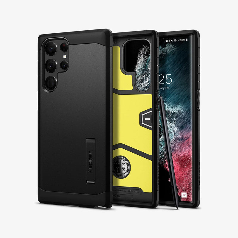 ACS03923 - Galaxy S22 Ultra 5G Case Tough Armor in black showing the back, inside and front with s pen leaning against device