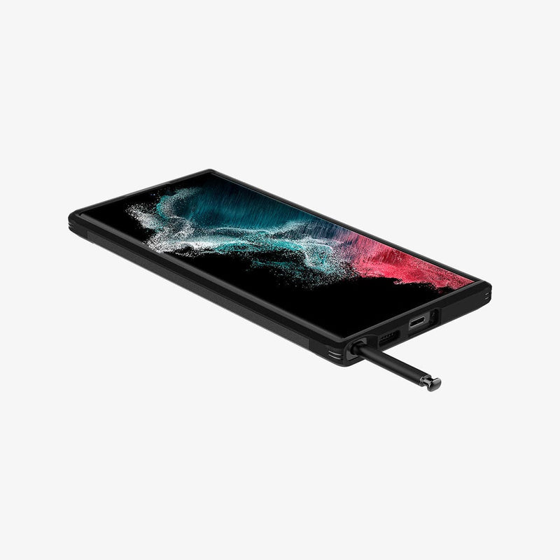 ACS03923 - Galaxy S22 Ultra 5G Case Tough Armor in black showing the front, side and bottom with s pen sticking out of slot