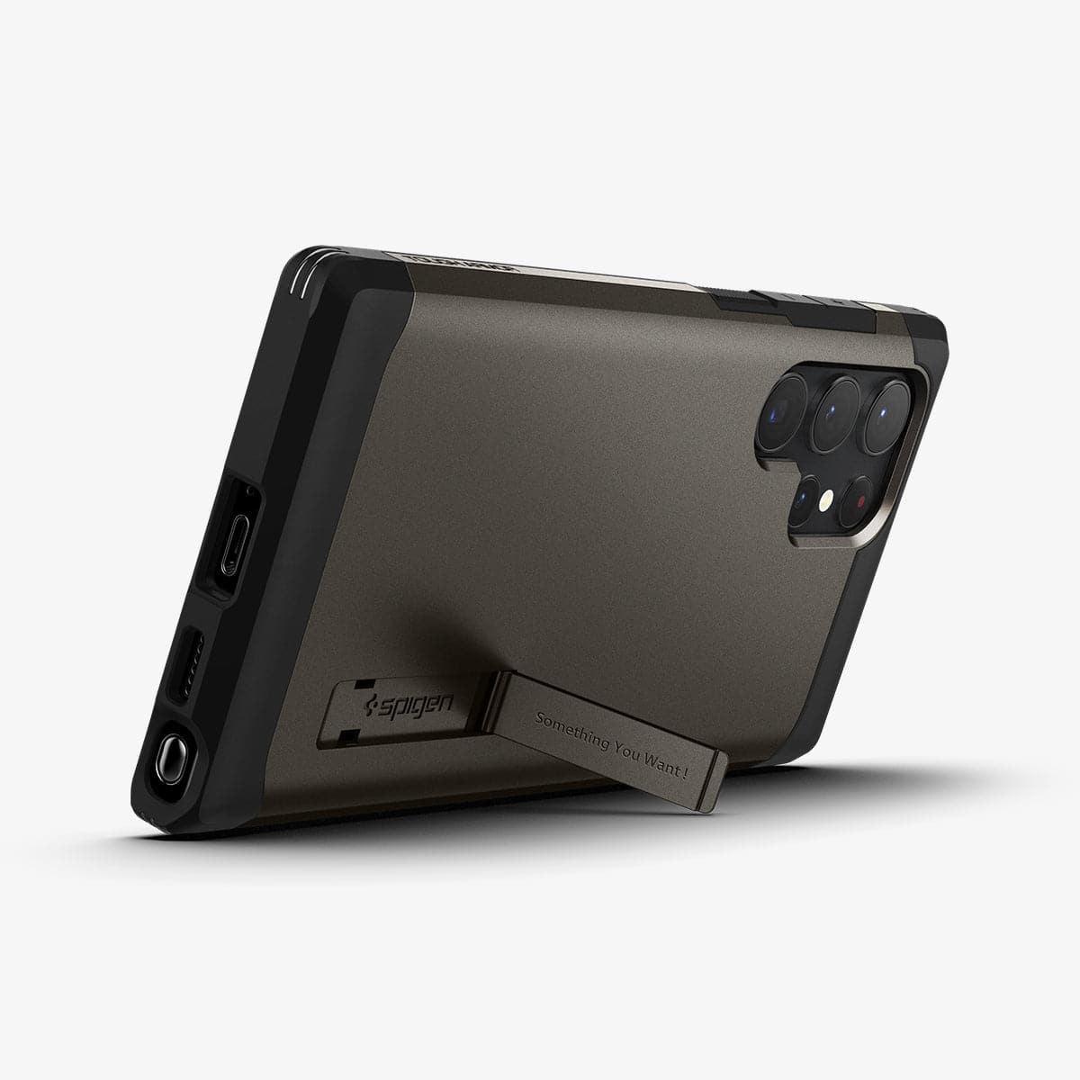 ACS03924 - Galaxy S22 Ultra 5G Case Tough Armor in gunmetal showing the back and bottom with device propped up by built in kickstand