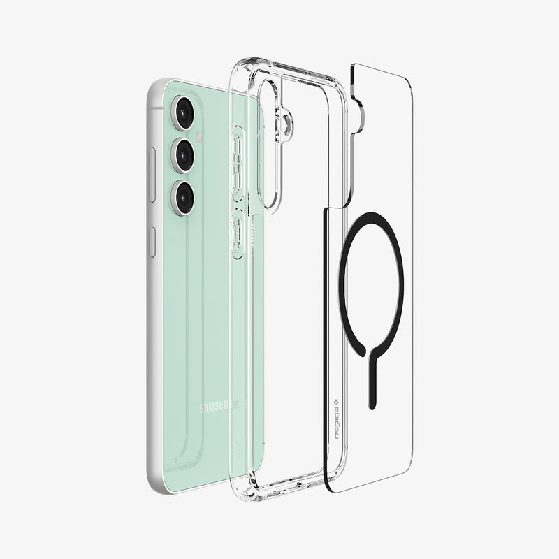ACS06374 - Galaxy S23 FE Case Ultra Hybrid OneTap Metal Ring (MagFit) in black showing the multiple parts of case hovering away from the device