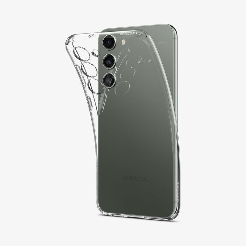 ACS05662 - Galaxy S23 Plus Case Liquid Crystal in crystal clear showing the back with case bending away from device to show the flexibility