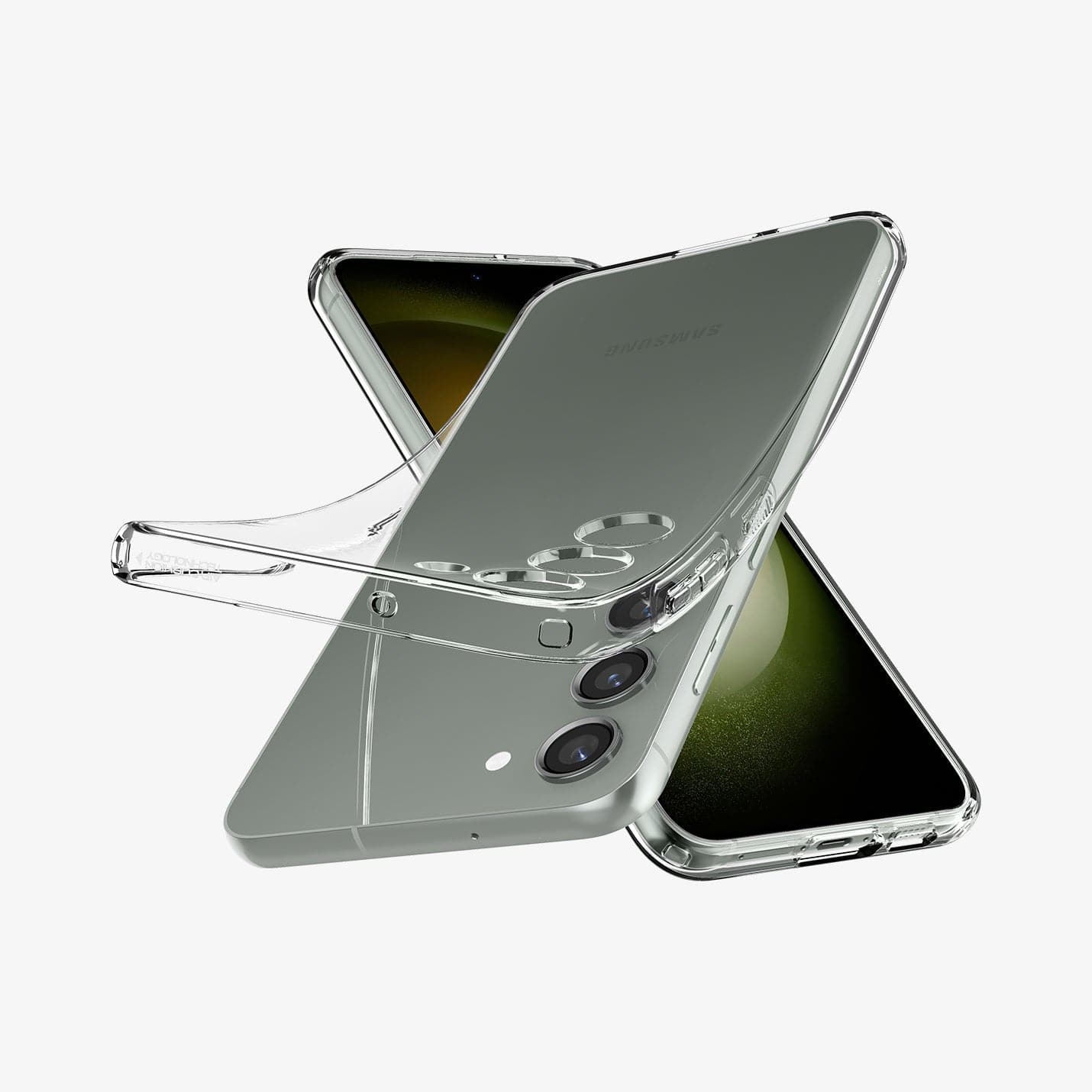 ACS05662 - Galaxy S23 Plus Case Liquid Crystal in crystal clear showing the front, side and back with case bending away from device