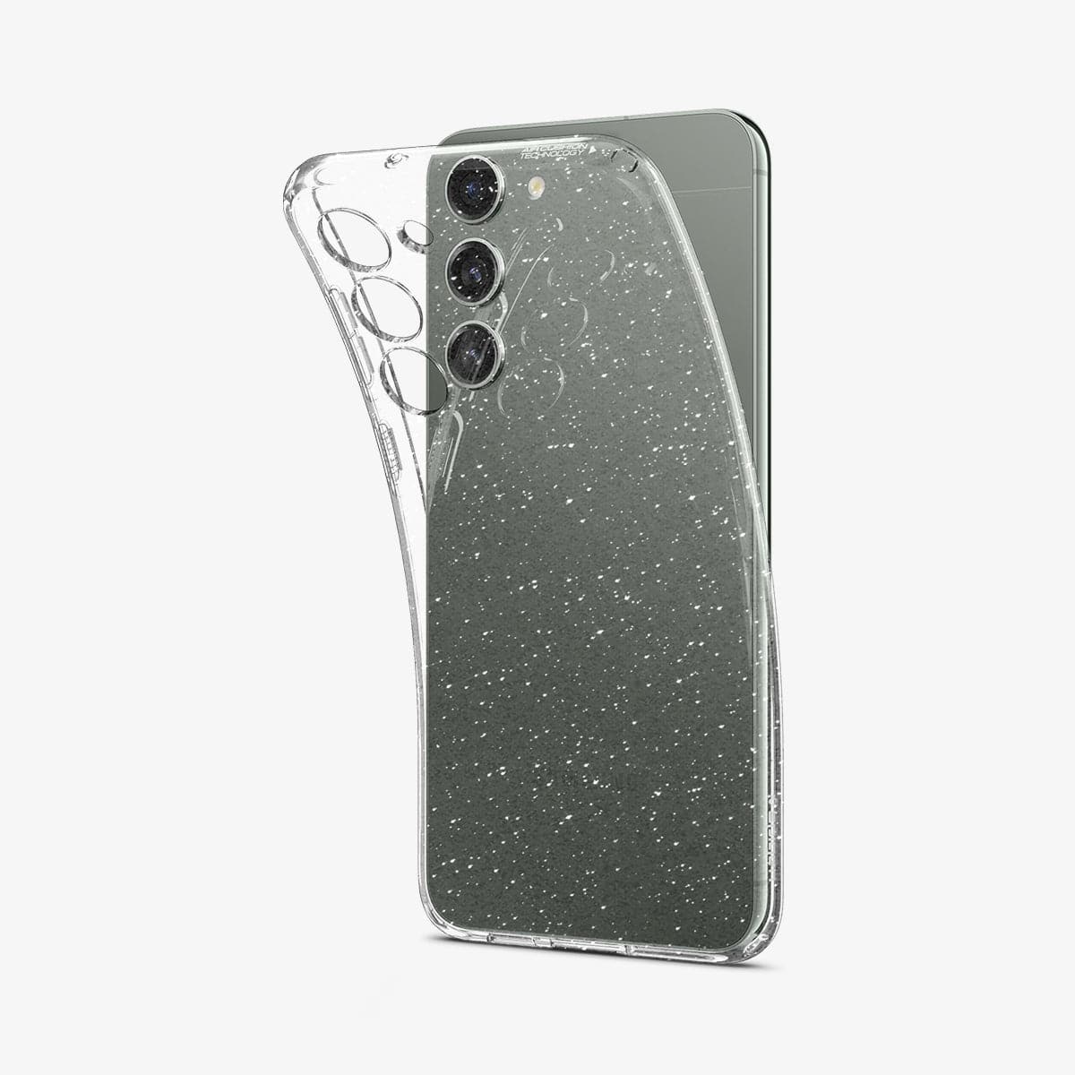 ACS05664 - Galaxy S23 Plus Case Liquid Crystal Glitter in crystal quartz showing the back with case bending away from device to show the flexibility