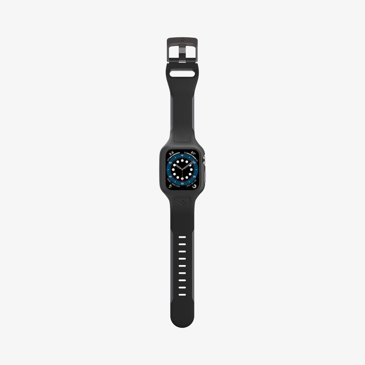 AMP02007 - Apple Watch Series (44mm) Case Liquid Air Pro in black showing the front with watch band laid out flat