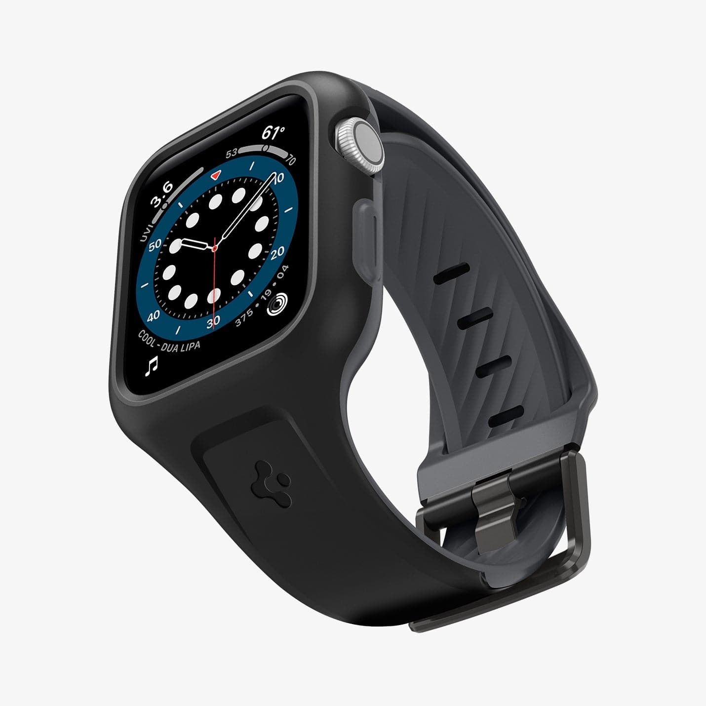 AMP02007 - Apple Watch Series (44mm) Case Liquid Air Pro in black showing the front, bottom and partial inside of band