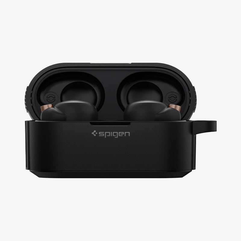 ACS03364 - Sony Earbuds xf100xm4 Case Rugged Armor in black showing the front with top open and earbuds inside