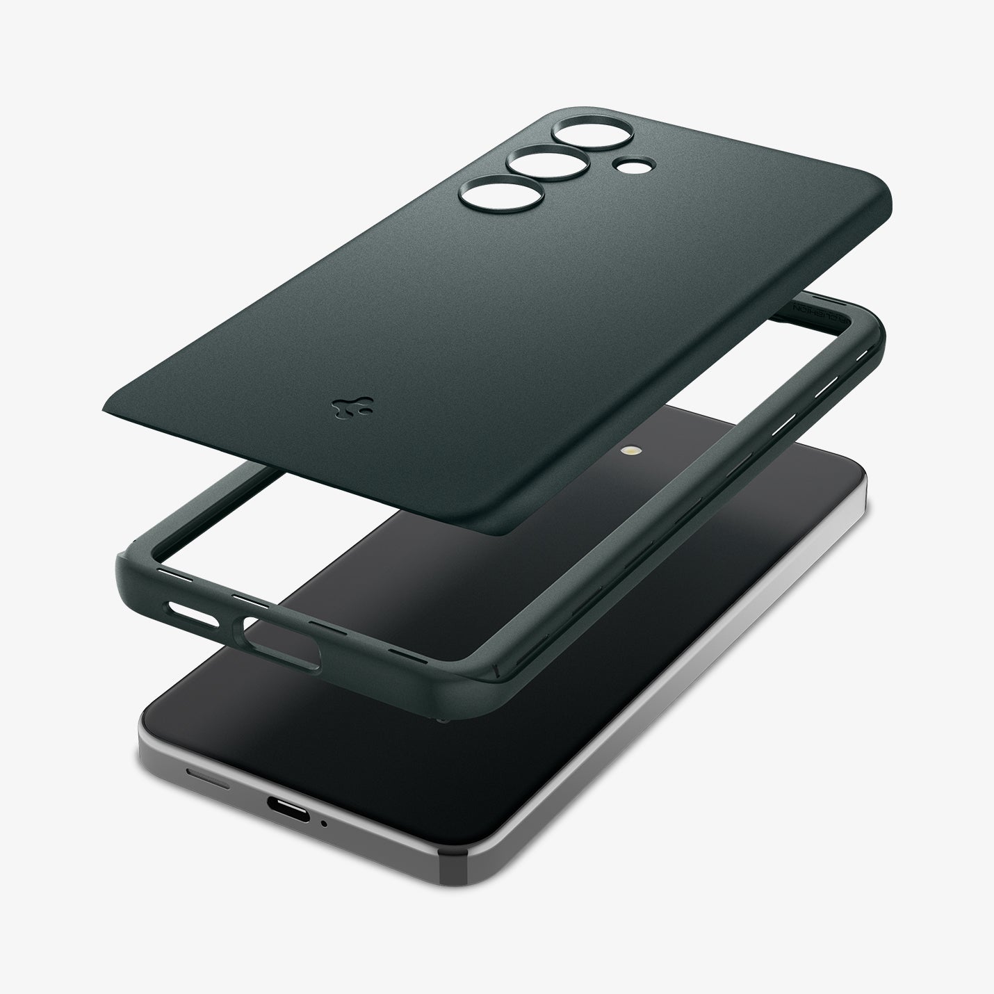 ACS07342 - Galaxy S24 Case Thin Fit in Abyss Green showing the back hard layer hovering above the detached frame and the device