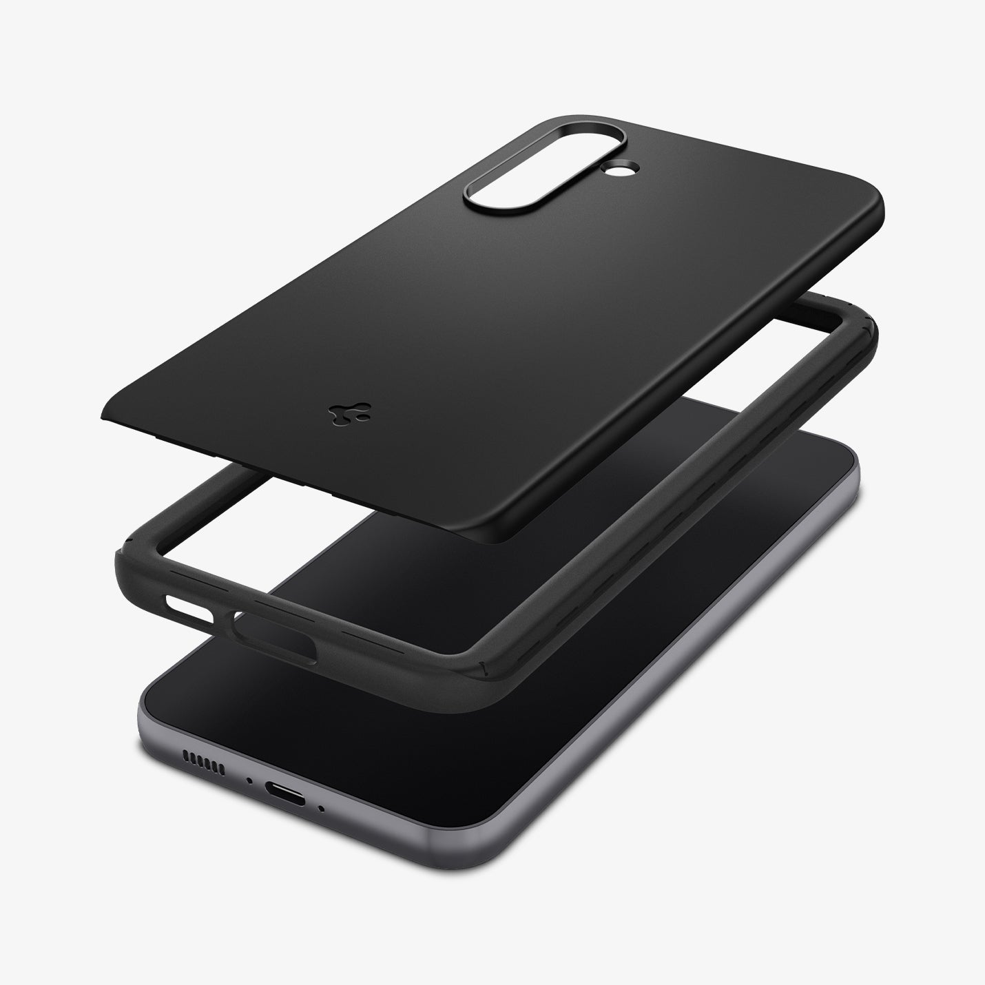 ACS06363 - Galaxy S23 FE Case Thin Fit in black showing the multiple layers of case hovering above the device