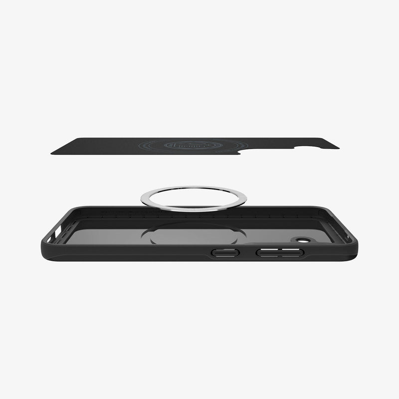 ACS08993 - Galaxy S25 Case Thin Fit (MagFit) in Black showing the detached inner layer, hovering above the magring and the case