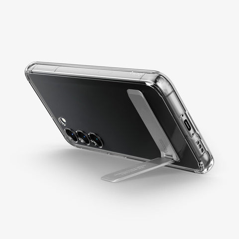 ACS05671 - Galaxy S23 Plus Case Ultra Hybrid S in crystal clear showing the back and bottom with device propped up by built in kickstand