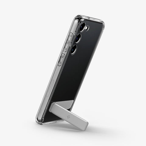 ACS05671 - Galaxy S23 Plus Case Ultra Hybrid S in crystal clear showing the back and side with device propped up by built in kickstand