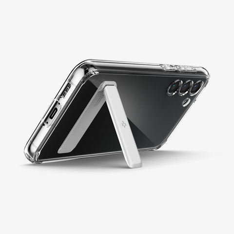 ACS05671 - Galaxy S23 Plus Case Ultra Hybrid S in crystal clear showing the back and bottom with device propped up by built in kickstand