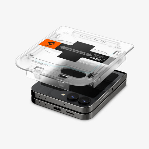 AGL07972 - Galaxy Z Flip 6 GLAS.tR EZ Fit showing the alignment tray hovering above the device