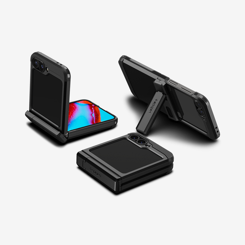 ACS07849 - Galaxy Z Flip 7 FE Case Tough Armor Pro in Black showing the back half folded, back folded, back full open propped up with a built in kickstand and partial sides of 3 devices