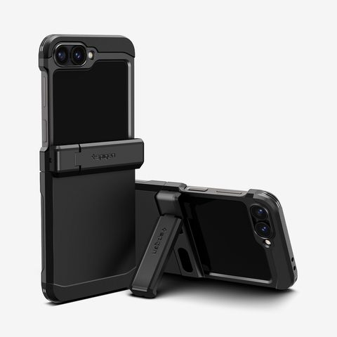 ACS07849 - Galaxy Z Flip 7 FE Case Tough Armor Pro in Black showing the back of two devices, propped up with a built-in kickstand