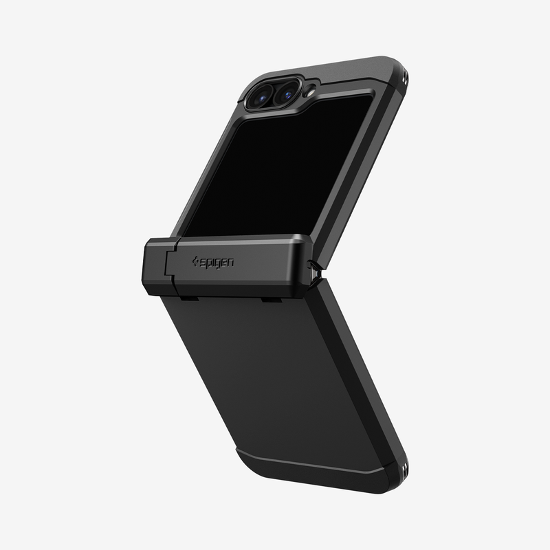 ACS07849 - Galaxy Z Flip 6 Case Tough Armor Pro in Black showing the back, partial side half folded