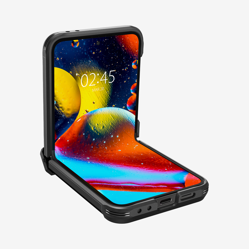 ACS07849 - Galaxy Z Flip 6 Case Tough Armor Pro in Black showing the front half open,  partial sides and bottom 