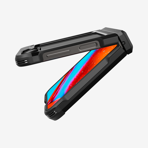 ACS07849 - Galaxy Z Flip 7 FE Case Tough Armor Pro in Black showing the side, partial front and back almost fully closed