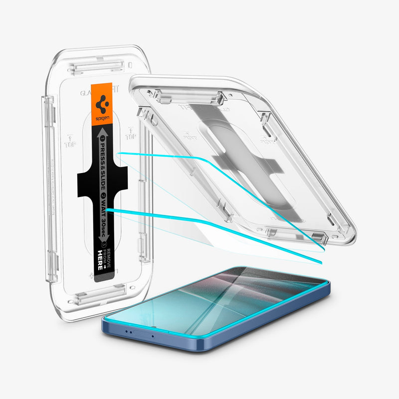 AGL07430 - Galaxy S25 Plus GLAS.tR EZ Fit in Clear showing the alignment tray hovering above the 2 screen protector and the device with another tray on the side