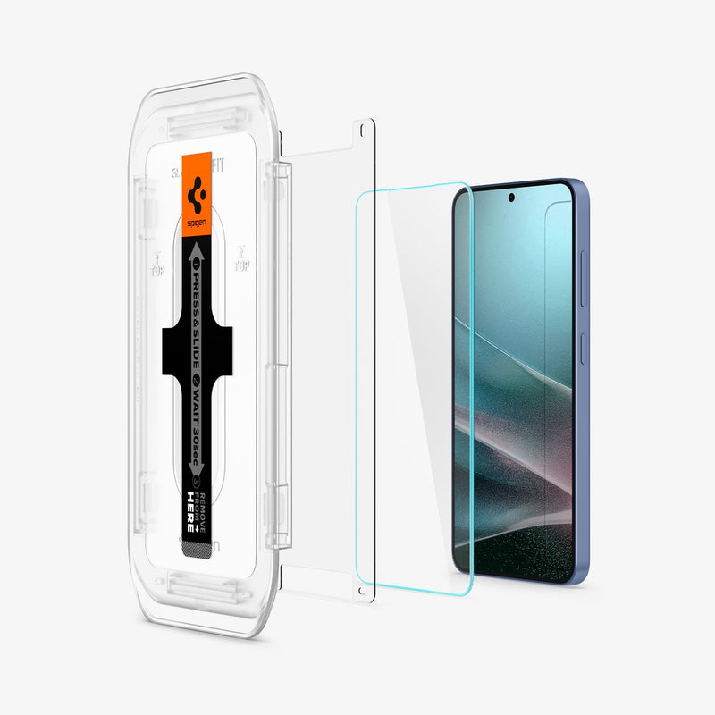 AGL07430 - Galaxy S25 Plus GLAS.tR EZ Fit in Clear showing the alignment tray hovering in front of the film strip, screen protector and the device