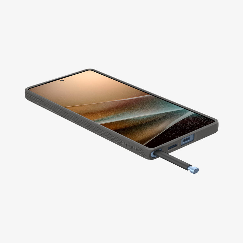 ACS08954 - Galaxy S25 Ultra Case Liquid Air in Marble Gray showing the front, partial side and bottom, s-pen partially sticking out
