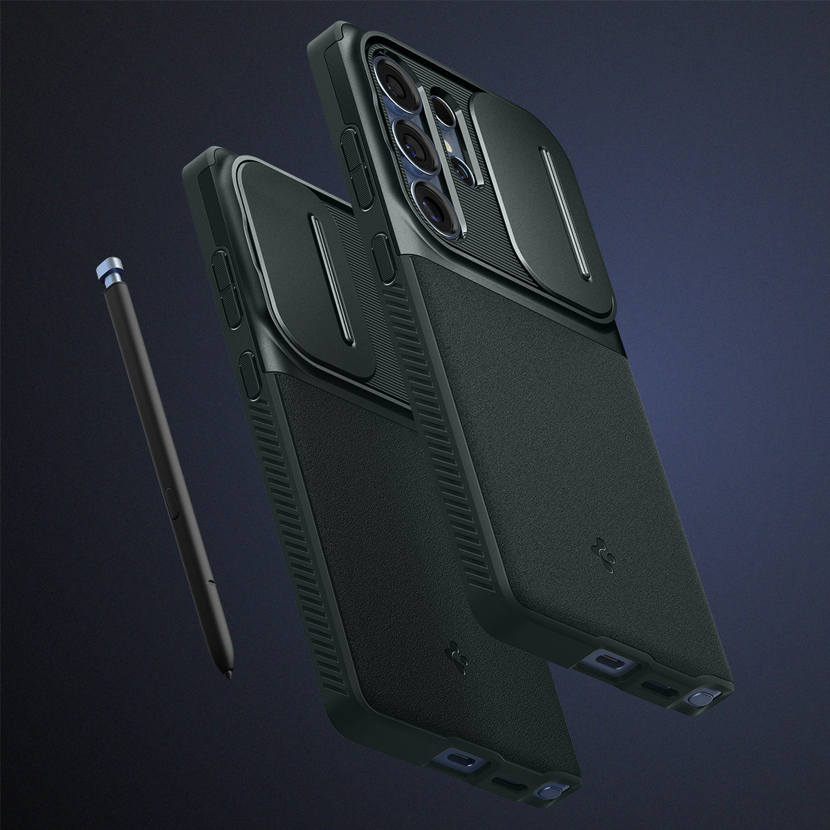 ACS08970 - Galaxy S25 Ultra Case Optik Armor in Abyss Green showing the back, partial side and bottom with camera slider open hovering above the case showing partial front, partial side and bottom with camera slider closed and stylus pen on the side
