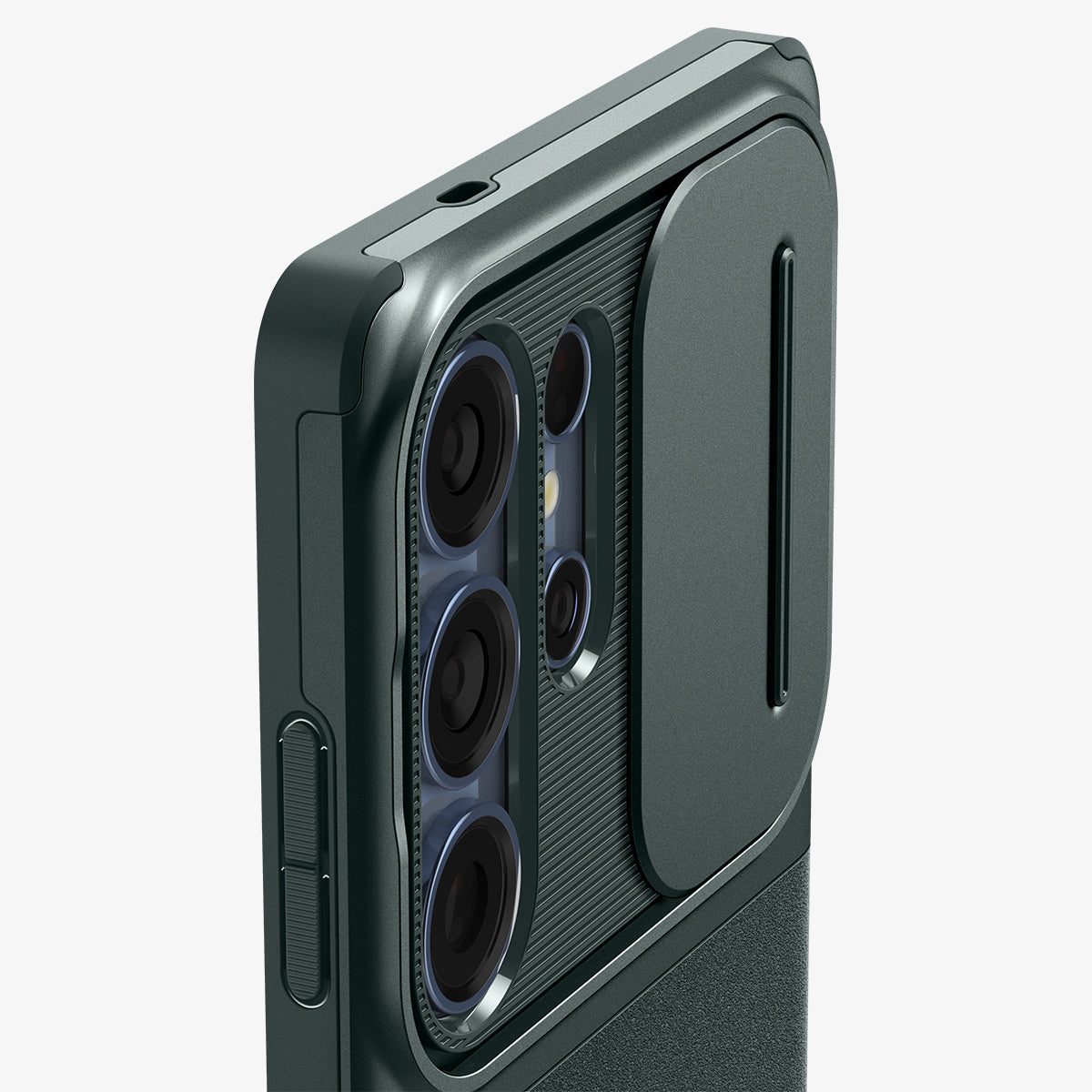 ACS08970 - Galaxy S25 Ultra Case Optik Armor in Abyss Green showing the partial back, side and top with camera slider open, lens camera zoomed in 