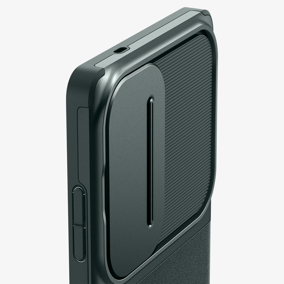ACS08970 - Galaxy S25 Ultra Case Optik Armor in Abyss Green showing the partial back, side and top with camera slider close