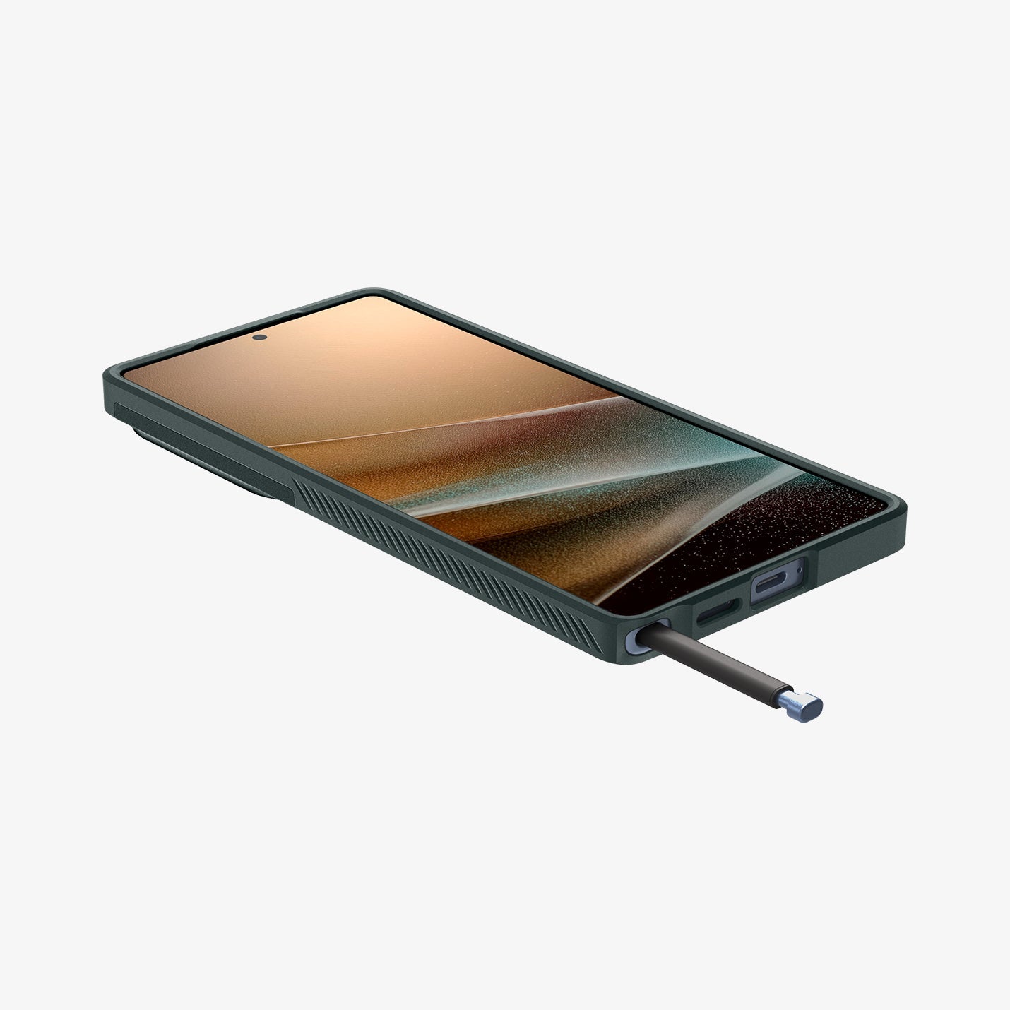 ACS08970 - Galaxy S25 Ultra Case Optik Armor in Abyss Green showing the front, partial side and bottom with stylus pen sticking out