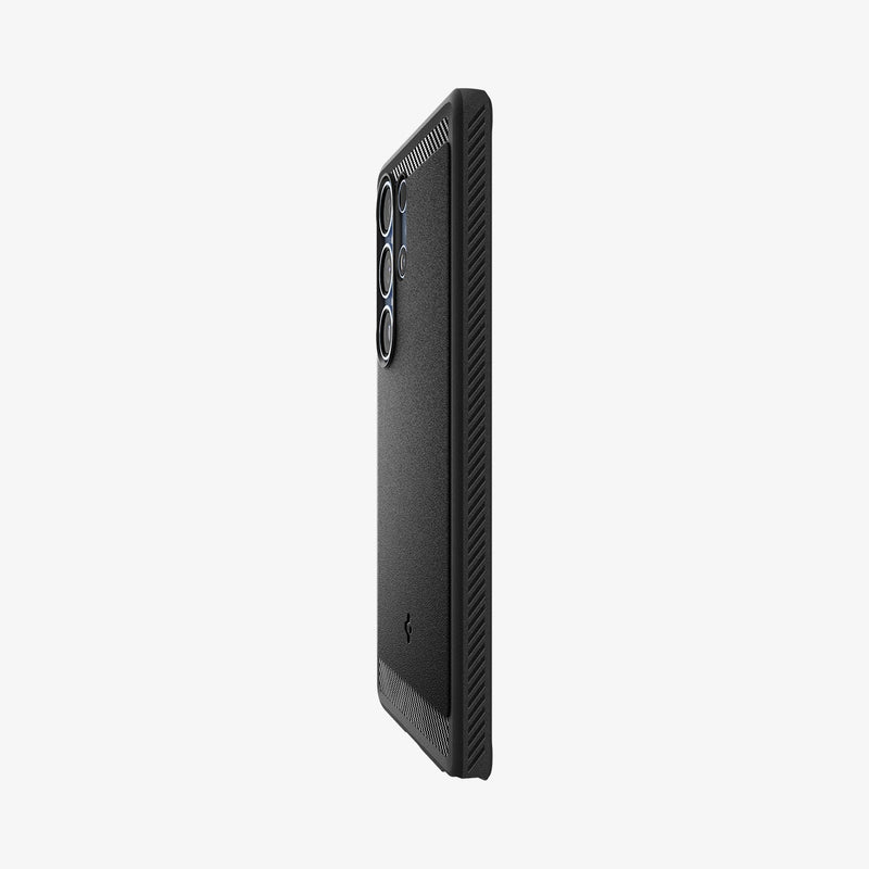 ACS08951 - Galaxy S25 Ultra Case Rugged Armor (MagFit) in Matte Black showing the partial back and side