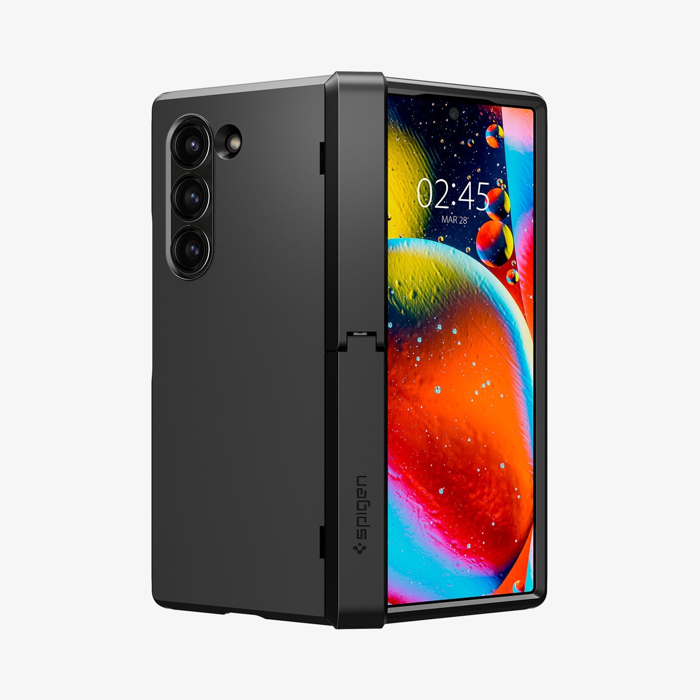 ACS07826 - Galaxy Z Fold 6 Case Tough Armor Pro P in Black showing the back, hinge and front, partially folded