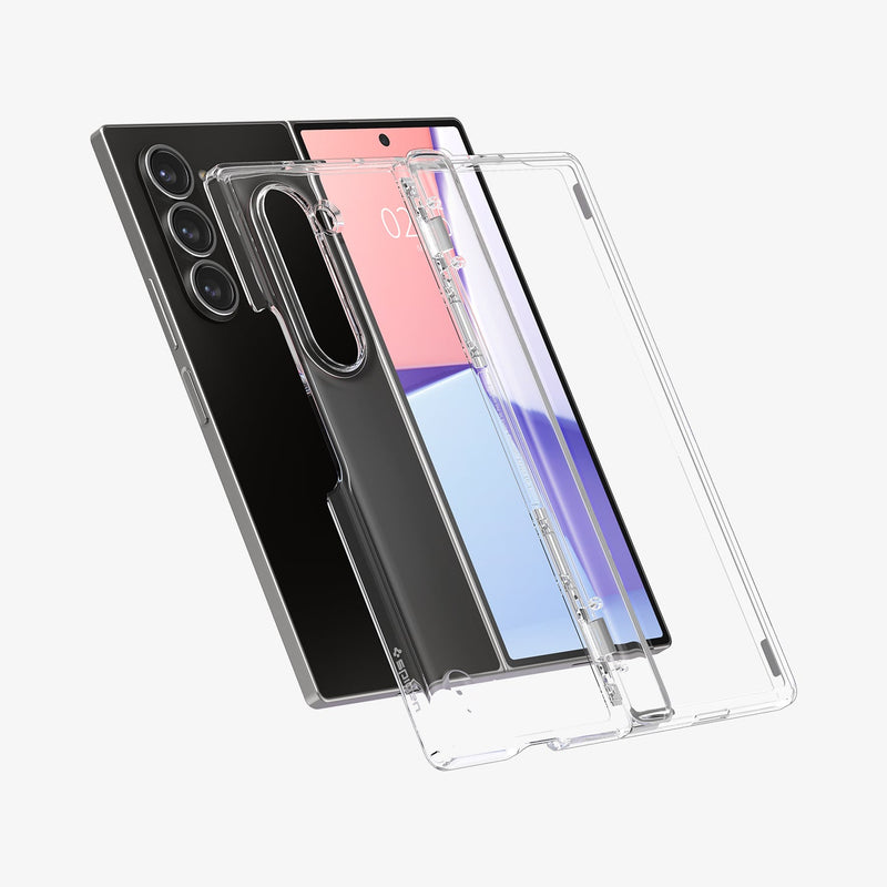 ACS07813 - Galaxy Z Fold 6 Case Ultra Hybrid Pro in Crystal Clear showing the back, hinge and front of a transparent case hovering in front of the device