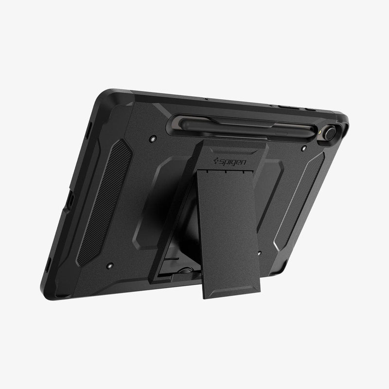 ACS06837 - Galaxy Tab S9 Case Tough Armor Pro in black showing the back with device propped up by built in kickstand