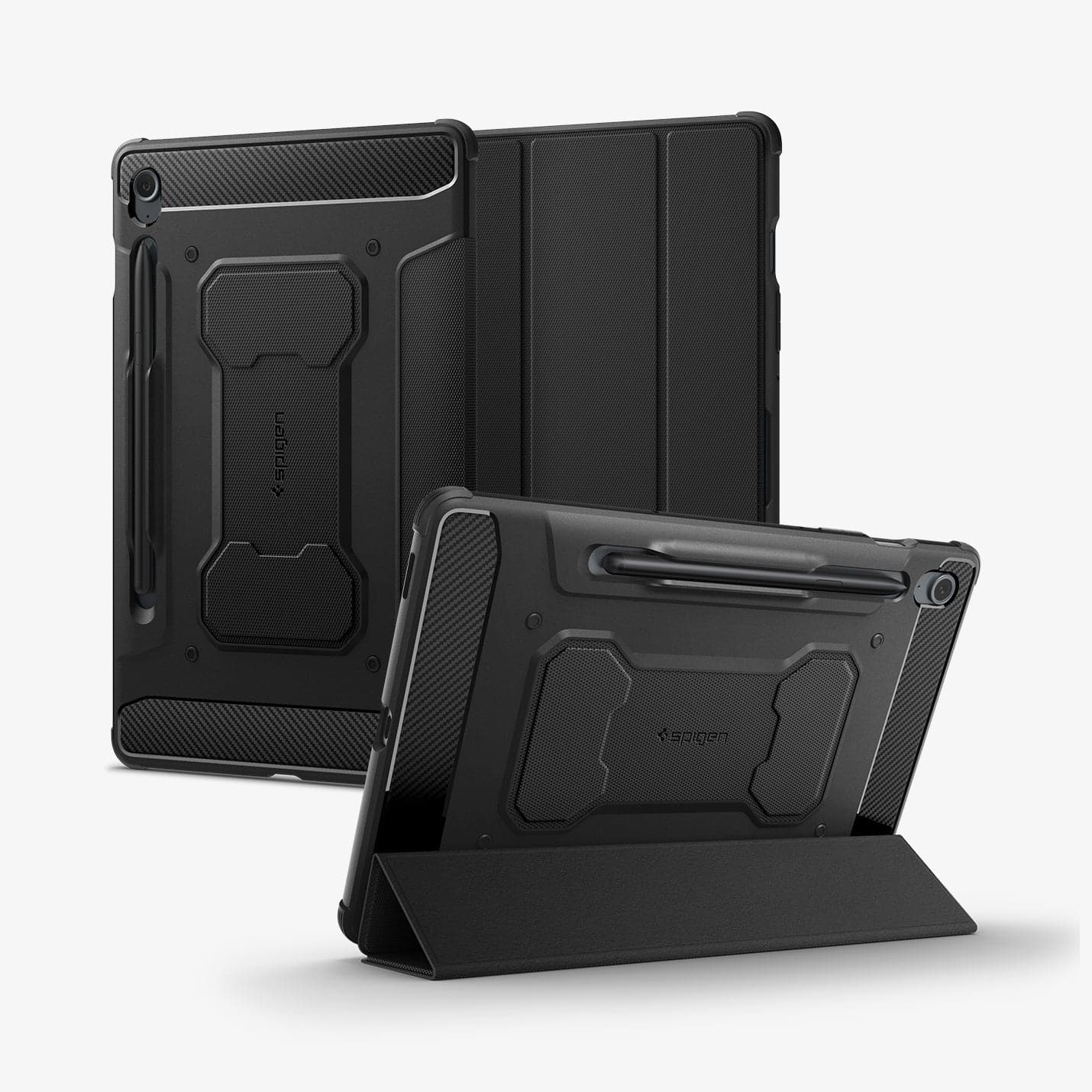 ACS06857 - Galaxy Tab S9 FE Case Rugged Armor Pro in black showing the back, front and device propped up by built in kickstand