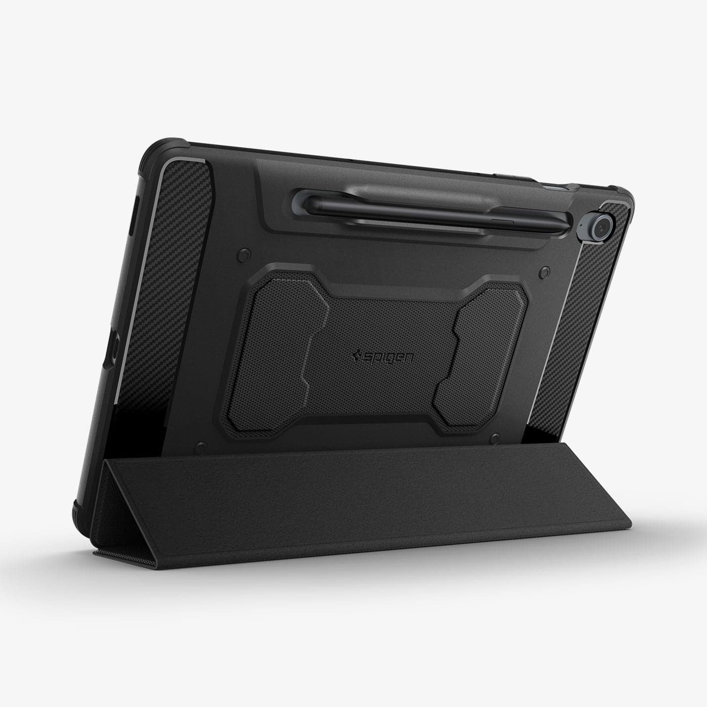 ACS06857 - Galaxy Tab S9 FE Case Rugged Armor Pro in black showing the back with device propped up by built in kickstand