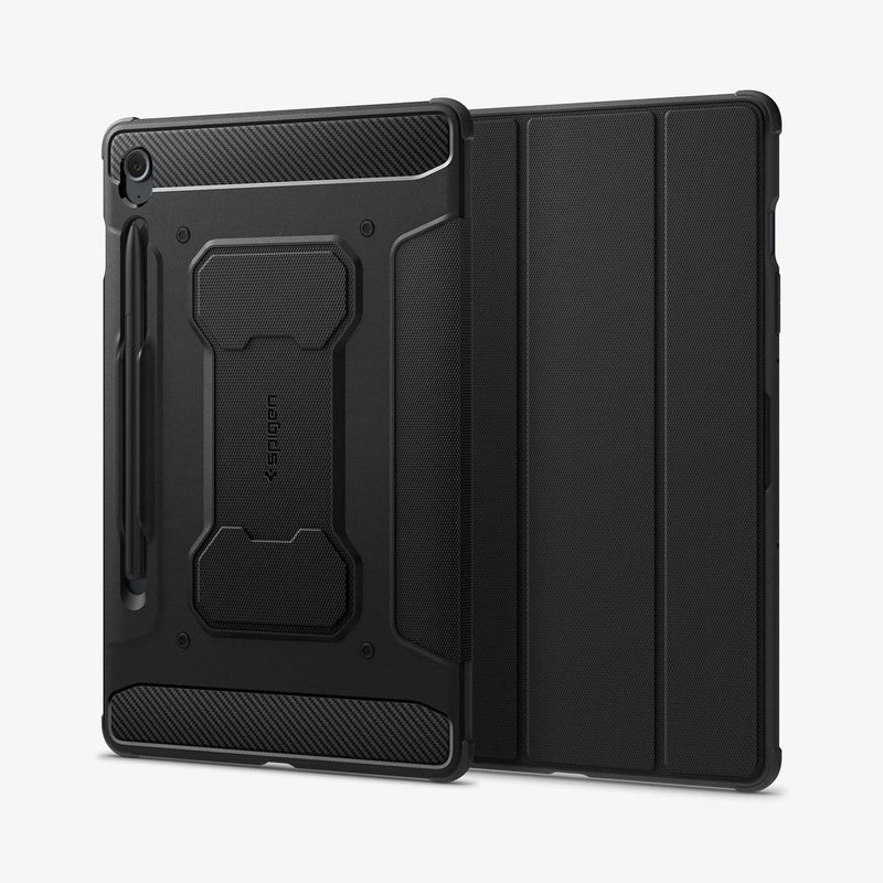 ACS06857 - Galaxy Tab S9 FE Case Rugged Armor Pro in black showing the back and front