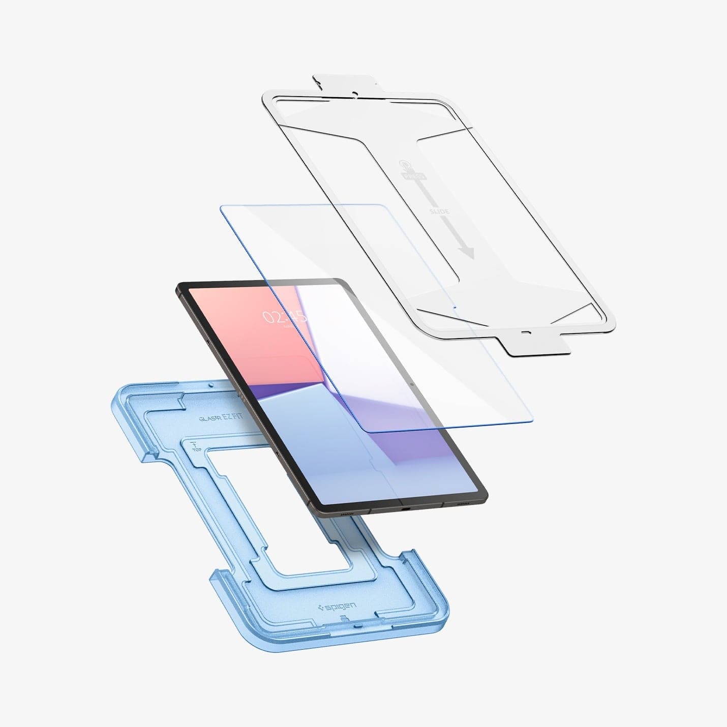 AGL06999 - Galaxy Tab S9+ Screen Protector EZ Fit GLAS.tR showing the ez fit tray and screen protector hovering in front of the device