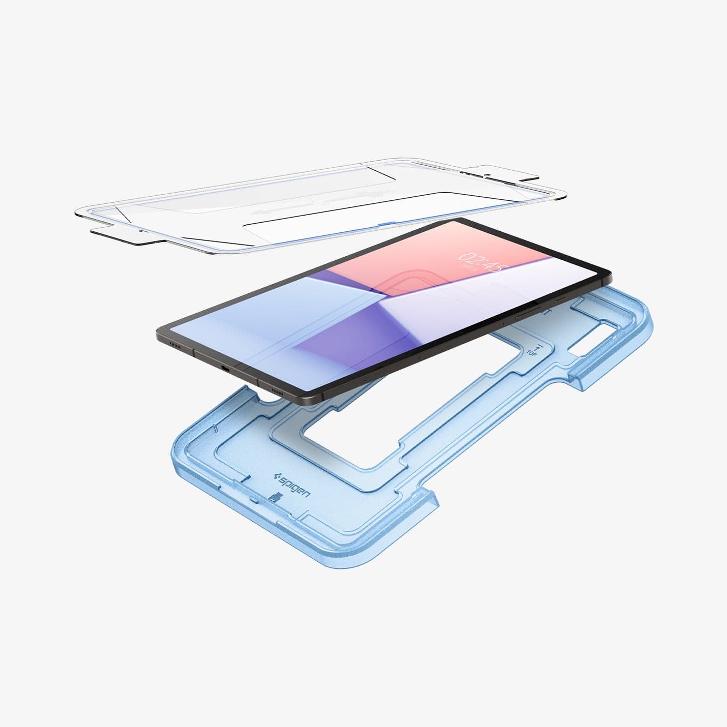 AGL06999 - Galaxy Tab S9+ Screen Protector EZ Fit GLAS.tR showing the ez fit tray in front and behind the device